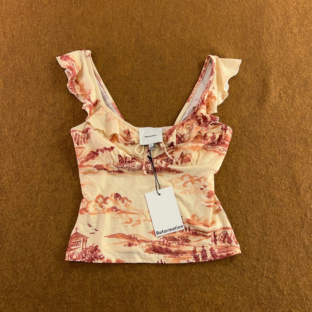 Reformation Womens XS Tan Scenic Toile Ruffle Sweetheart Sleeveless Knit Top NWT